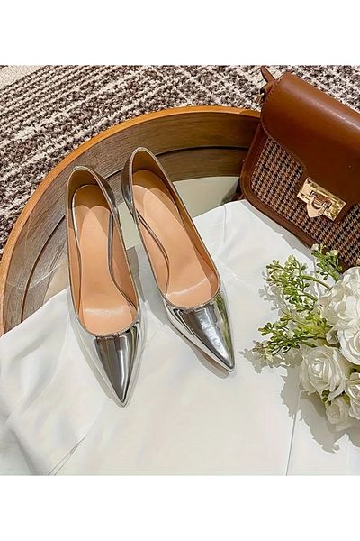 TrendyAnka Women's Silver Nude Patent Leather Side Slit 8cm Thin Transparent Cover Heels Stiletto Evening Dress Shoes