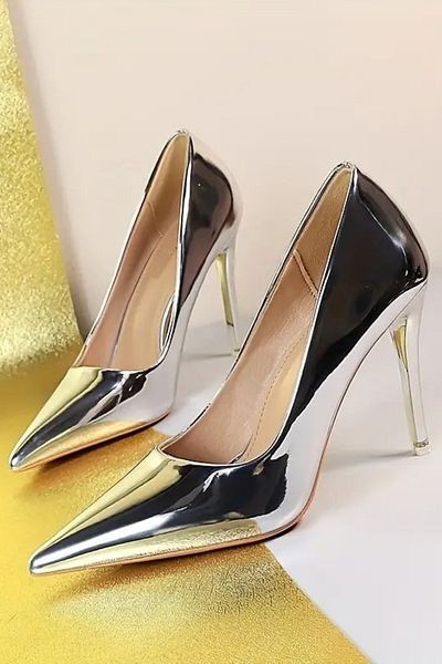 TrendyAnka Women's Silver Nude Patent Leather Side Slit 8cm Thin Transparent Cover Heels Stiletto Evening Dress Shoes