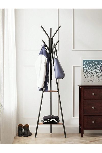 Saharaz Modern 3-Pronged Metal Hanger With 2 Storage Shelves, 50x40x180cm, Coat Racks For Hanging, Black