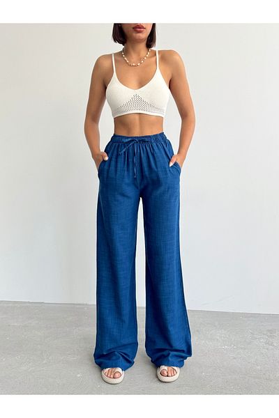 BEJNA Marineblaue, locker geschnittene Palazzo-Hose aus Leinen für Damen