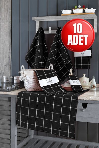 LADYNİL Set of 10 Kitchen Towels & German Napkin 50X70 cm 100% Cotton and Washed Large Checked
