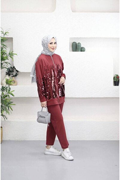 Suede Style 5567 - 2 Yarn Sequin Embroidered Zippered Comfortable Stylish Women's Set