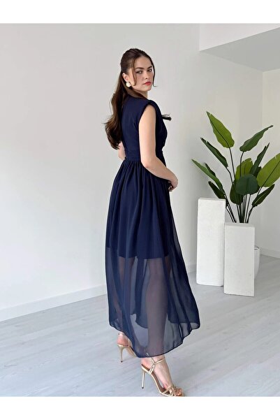 DKS Double Breasted Collar Front Slit Padded Sleeveless Midi Length Chiffon Dress