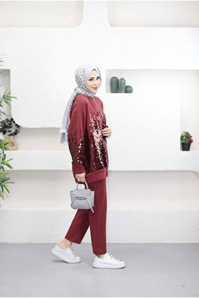 Suede Style 5567 - 2 Yarn Sequin Embroidered Zippered Comfortable Stylish Women's Set