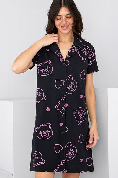 Siyah İnci Black Pink Teddy Bear Patterned Button-Down Shirt Collar Nightgown Dress 7830