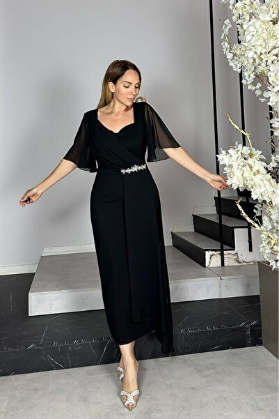 gesmoda G1426 Chiffon and Stone Detailed Evening Dress Black