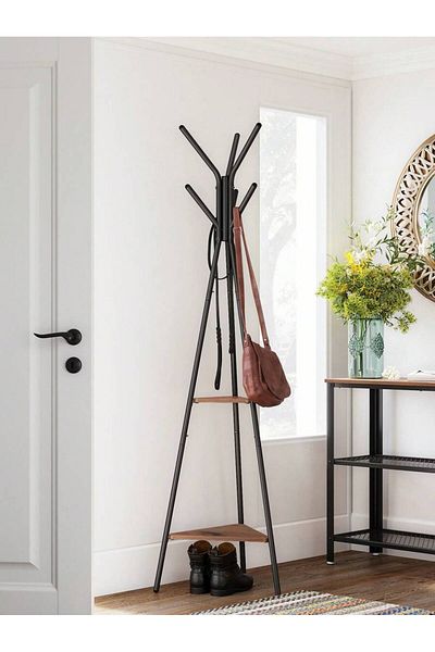 Saharaz Modern 3-Pronged Metal Hanger With 2 Storage Shelves, 50x40x180cm, Coat Racks For Hanging, Black