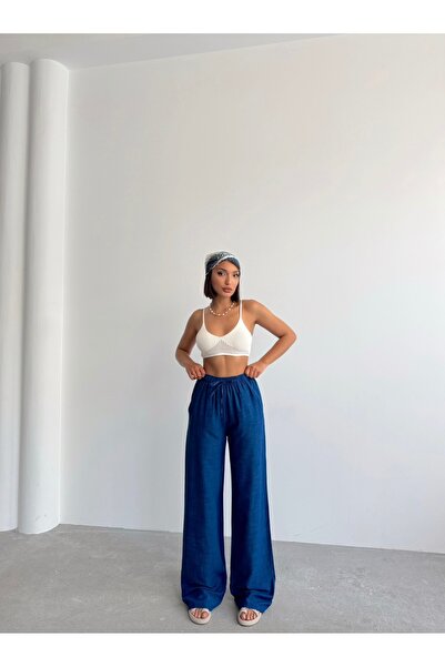 BEJNA Női sötétkék vászon bő szabású Palazzo nadrág