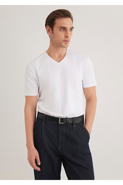 Mavi Weißes Stretch-T-Shirt mit V-Ausschnitt - Taillierter Schnitt061748-620