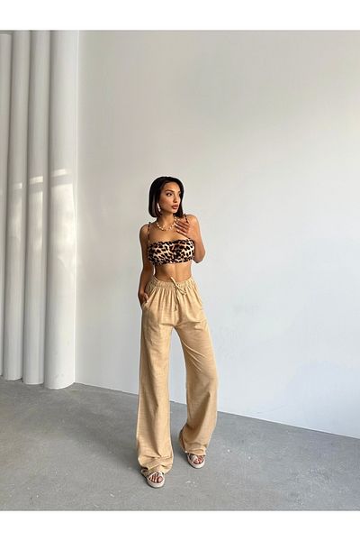 BEJNA Γυναικείο λινό Camel Loose Cut Palazzo Παντελόνι