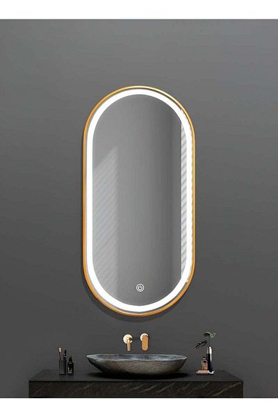 Taimi Oval Mirror with Gold Aluminum Frame and 3-Color LED Touch Light for Bathroom and Bedroom 80x50 cm