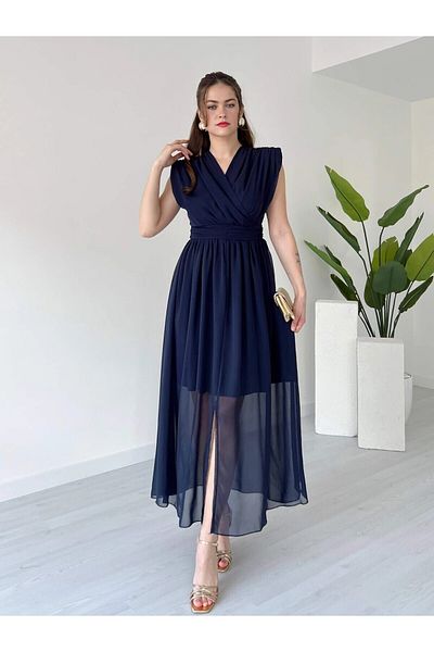 DKS Double Breasted Collar Front Slit Padded Sleeveless Midi Length Chiffon Dress