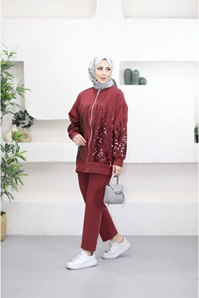 Suede Style 5567 - 2 Yarn Sequin Embroidered Zippered Comfortable Stylish Women's Set