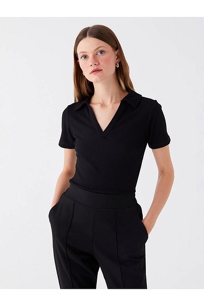 LC Waikiki LCWAIKIKI Basic μαύρο γιακά πόλο μονόχρωμο κοντομάνικο γυναικείο μπλουζάκι