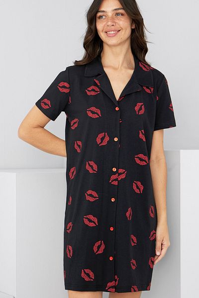 Siyah İnci Black Red Lip Print Boydan Buttoned Shirt Collar Nightgown Dress 7830