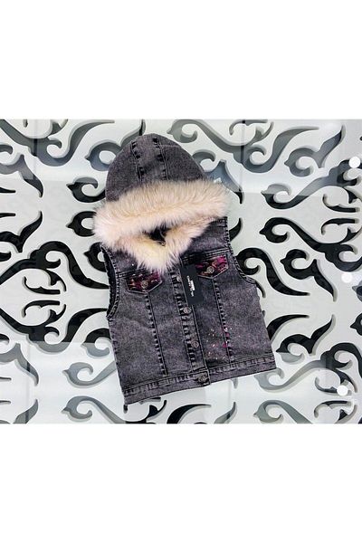 Hilal Akıncı Kids Girl's Back Hand Painted Sheepskin Denim Vest