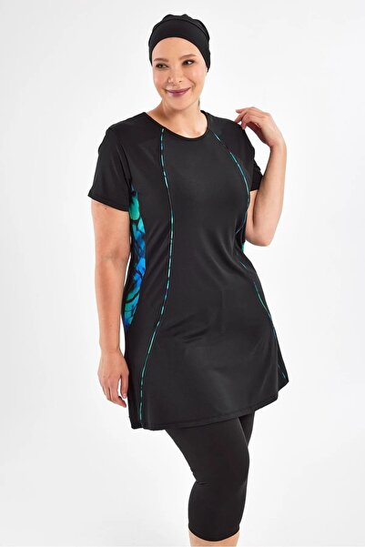 Bordomix 252803 Women's Black Large Size Short Sleeve Semi-Hijab Swimsuit