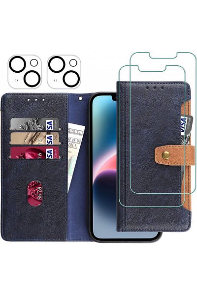 Gimane Set huse iPhone 14 Plus cu 2 folii de protecție pentru ecran și 2 camere, piele PU/sticlă securizată