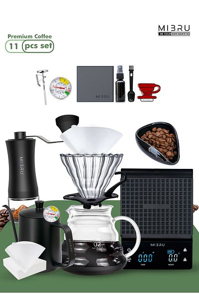 MIBRU V60 Coffee Pour Over 13-Piece Set – Dripper, Filter, Kettle, Grinder, Scale, Server