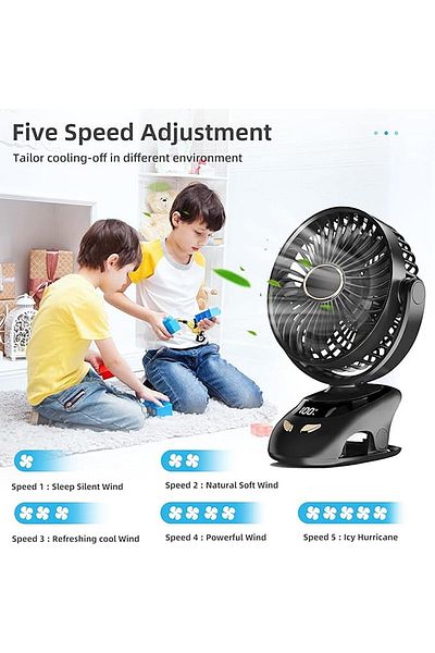 fulina Portable compact clip-on fan, rechargeable, with LED display, 5 silent settings, 360° rotation