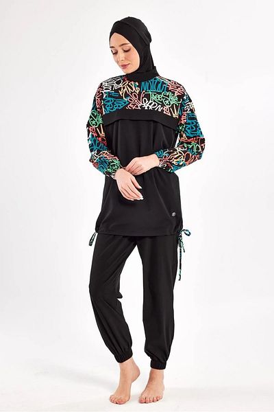 Bordomix 1207 Women's Black Colored Written Hijab Swimsuit
