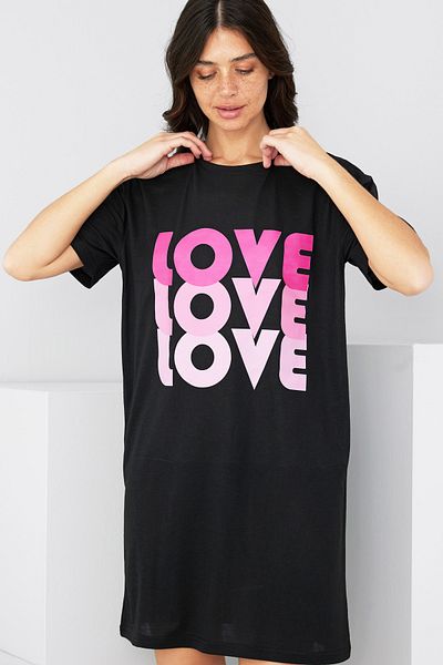 Siyah İnci Black Crew Neck Printed Nightgown Dress 7831