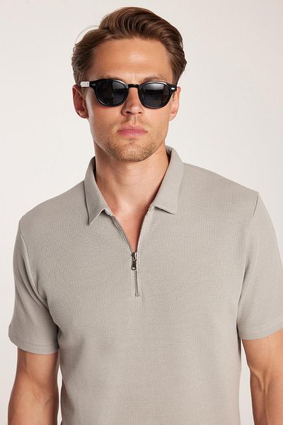 Tudors Men's Slim Fit Slim Fit 100% Cotton Zippered Gray Polo Neck T-Shirt