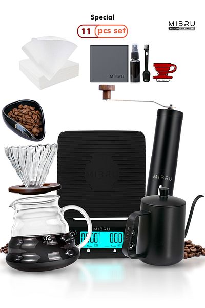 MIBRU 11 Pcs V60 Premium Pour Over Manual Coffee Maker with Manual Grinder Dripper Set