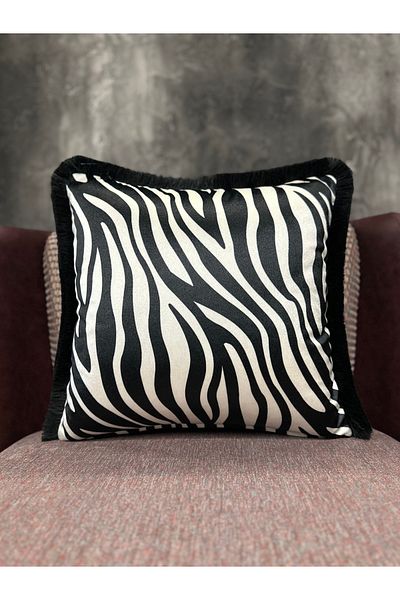 Fabricland Catifea de mătase importată crem-negru - teacă cu ciucuri cu imprimeu zebră (față-verso)