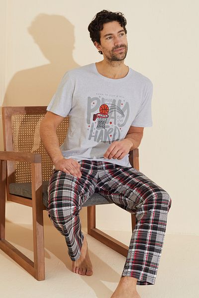 Siyah İnci Gray Patterned Crew Neck Knitted Pajama Suit 25109839