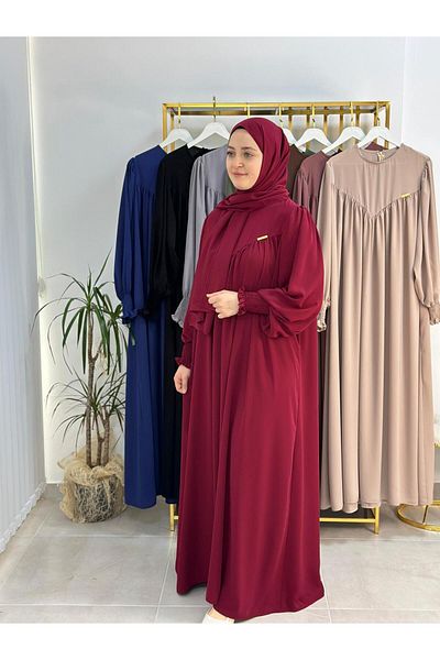 erasra class Swing, Front V Model Gathered Hijab Dress Suit, Burgundy Suitable for Ferrace, Abaya, Hijab, Hajj and Umrah