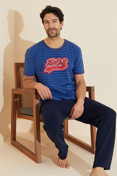 Siyah İnci Saks Navy Blue Stripe Patterned Crew Neck Printed Knitted Pajama Suit 25109829