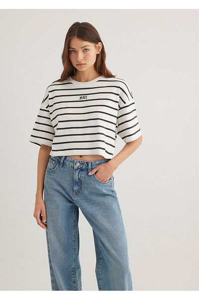 Mavi tricou crop cu dungi negre pentru femei cu logo imprimat