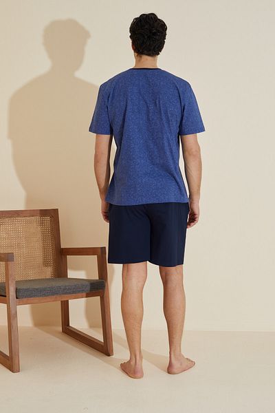Siyah İnci Navy Blue Patterned Crew Neck Knitted Shorts Suit 25109636