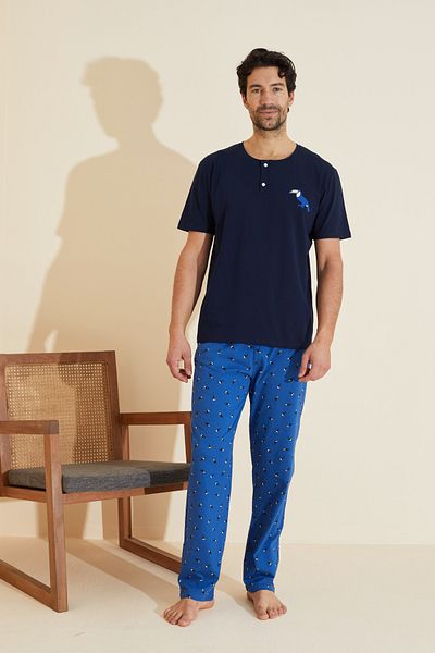 Siyah İnci Navy Blue Patterned Crew Neck Knitted Pajama Suit 25109833