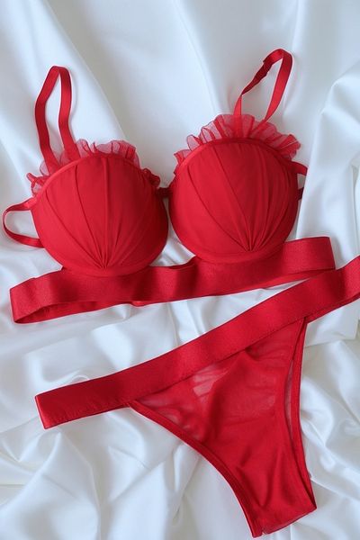 LİBELLA İÇ GİYİM Women's Red Lace Tulle Detailed Covered Bra and Thong Set – Stylish Underwear Set of 2