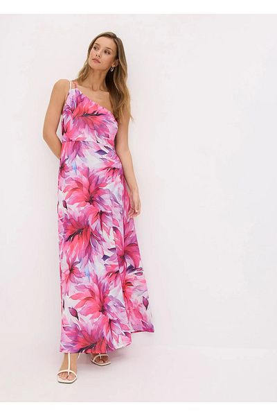 Şans Women's Plus Size Colorful, One Shoulder , Crepe Fabric, Floral Print Long Dress 65N38963