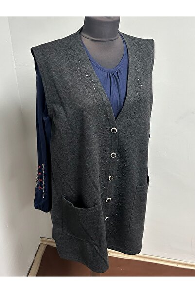 MSA Giyim Women's Stone Detailed Pocketed Seasonal Mother's Vest Buttoned Combed Cotton Mother's Vest