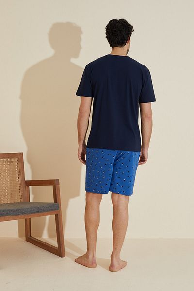 Siyah İnci Navy Blue Patterned Crew Neck Knitted Shorts Suit 25109633