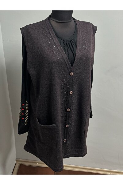 MSA Giyim Дамски кардиган с камъни и джобове за майките, закопчаващ се с копчета