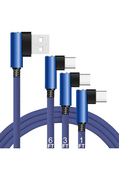 Unidopro Set de 3 cabluri de date și încărcare rapidă USB la Type-C, unghi de 90 de grade, albastru, 30,4/90/180 cm
