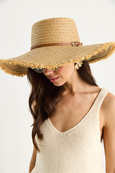 Bianco Lucci Women's Fringed Stripe Detailed Wide Straw Hat 14730 60801014