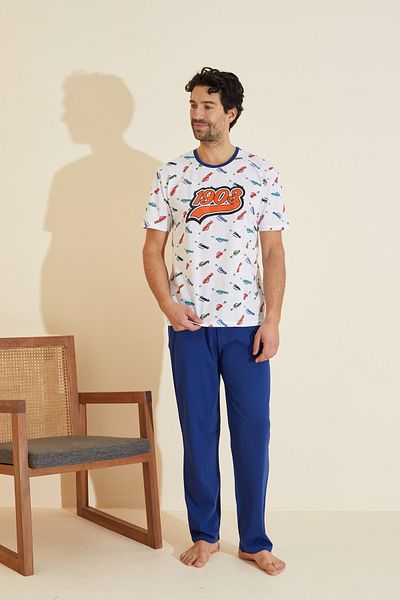 Siyah İnci Costum de pijama tricotat imprimat cu decolteu rotund cu model de culoare albă 25109830