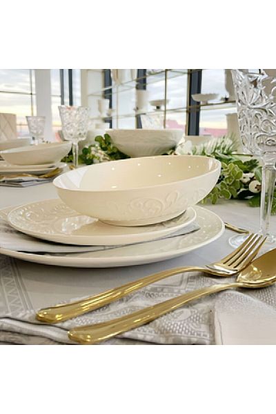 BRANDANI Set 18 Farfurii Din Portelan Alb Cu Model Floral In Relief Delizie