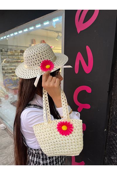 PONÇİK ACCESSORİES Flower Figured Girl's Straw Hat Fedora Hat Bag Set for Ages 2-6