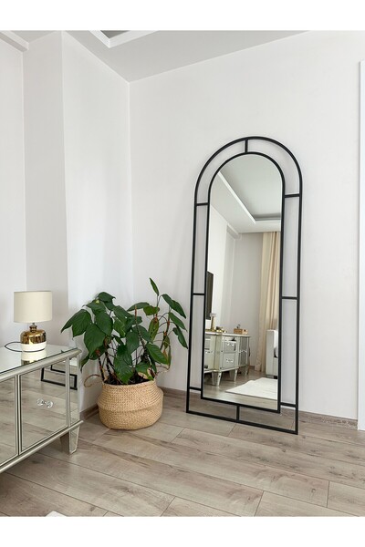 EFFE YAPI DEKOR Siyah Metal Çerçeveli 180x70 Cm Pencere Model Oval Ayaklı Boy Aynası