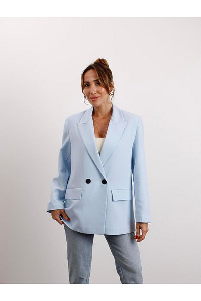 Maldia Shop Women's Polyviscon Fabric Lined Baby Blue Blazer Jacket