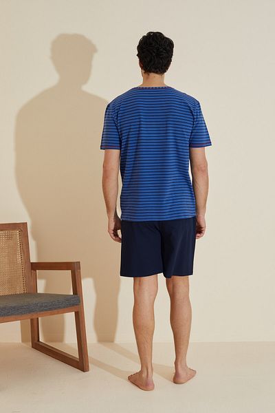 Siyah İnci Saks Navy Blue Stripe Patterned Crew Neck Printed Knitted Shorts Set 25109629