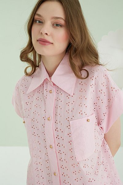 NBB Perforated Fabric, Front Button, Short Sleeve, Women's Pajamas Set, 100% Cotton