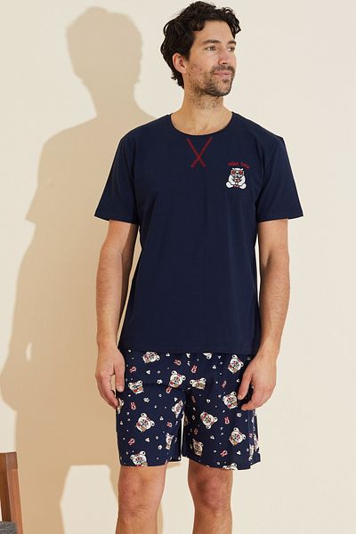 Siyah İnci Navy Blue Patterned Crew Neck Knitted Shorts Suit 25109631